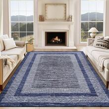 Techigher Modern Bordered Runner Rug, Washable Non-Slip Geometric Hallway Carpet, Distressed Low Pile Indoor Floor Mat For Kitchen, Entrance & Bedroom - Blue - View 3