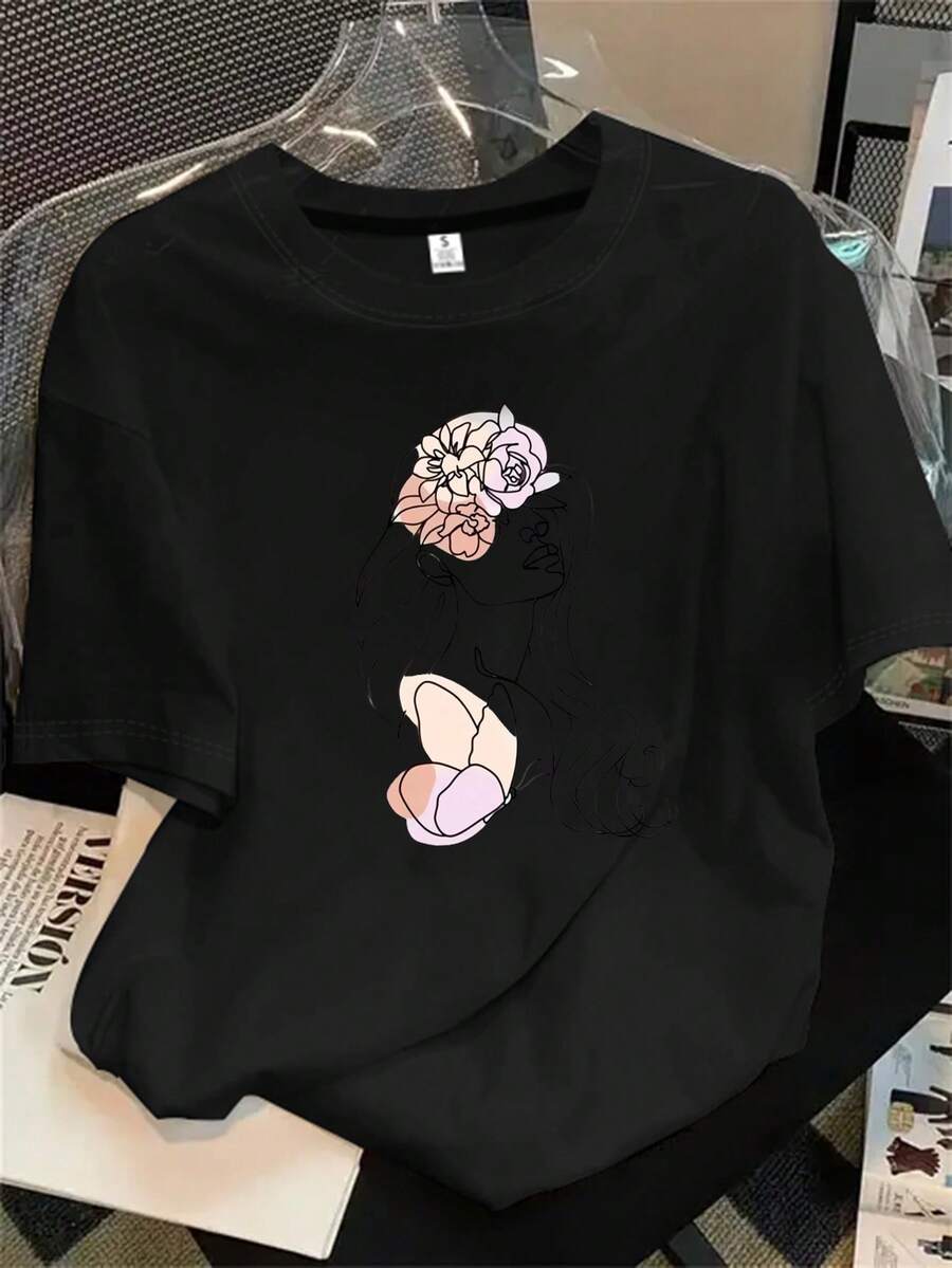 Top de mujer de manga corta y cuello redondo con estampado floral de dos rosas de fondo, apto para todas las estaciones. - Negro - Ver 1