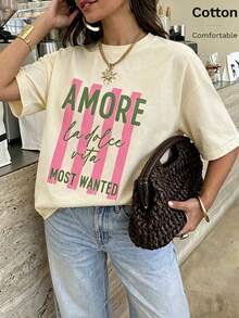 Cute Women's Amore Print T-Shirt, Short Sleeve Ribbed Knit Crew Neck Top, Drop Shoulder Casual Tee, Suitable For Fashion And Spring Wear - Apricot - View 7