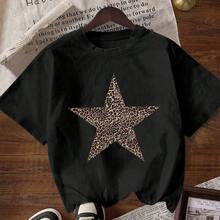 Women's Short-Sleeved T-Shirt With Leopard And Star Print, Casual, Black, Summer - 黑色 - 查看 6
