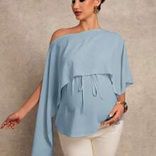 MaterniChic Blusa elegante de unicolor y casual con bajo asimétrico para embarazadas en verano - Albaricoque - Ver 10