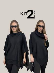 VIA CLOSET Kit Of 2 Women's Knitted Ponchos, Knitted Blankets, High Neck, Wool Coats For Winter - Black/Black - View 1