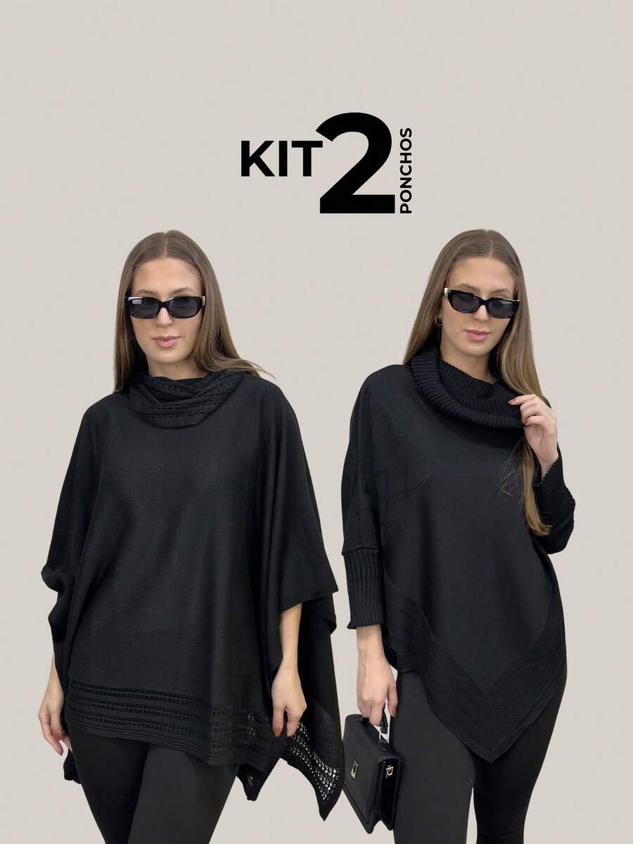VIA CLOSET Kit Of 2 Women's Knitted Ponchos, Knitted Blankets, High Neck, Wool Coats For Winter - Black/Black - View 1