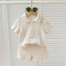 Summer Baby Boy Beige Hollow Plaid Short Sleeve Set, Lapel Button Shirt + Elastic Waist Shorts, 2pcs Outfit - Beige - View 11