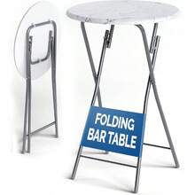 Foldable Marble Effect 60cm Round Bar Table Height 110cm Easy Care White Side Table For Cocktail Dining High Garden Patio Balcony Terrace - 白色大理石紋理效果 - 查看 4