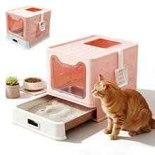 Foldable Enclosed Cat Litter Box With Lid, Top Entry & Front Door Kitty Toilet, Drawer Type With Easy Clean Tray, Anti-Splashing Cat Litter Box With Scoop For Indoor Cats - one-size - View 2