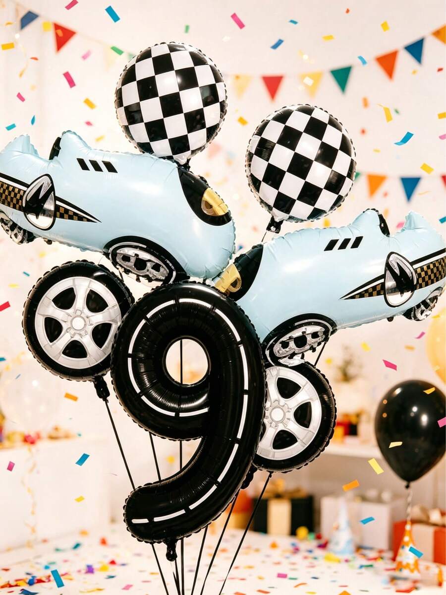 Ein Rennwagen Geburtstagsballon Set mit Sportwagen Folienballons, eleganten schwarzen Zahlen Folienballons und Radnabe Folienballons. Es eignet sich hervorragend als Geburtstagsgeschenk für Söhne und Töchter sowie als Dekoration für Eltern-Kind-Treffen. - Übersicht 1