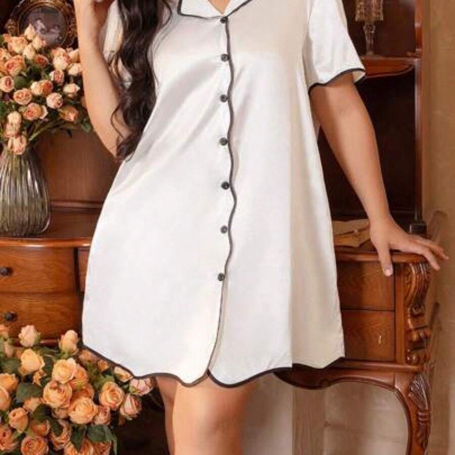 guang zhou mi qian shang mao Côtesoire Camisón de línea A con borde ondulado de color contrastante para tallas grandes - Blanco - Ver 1