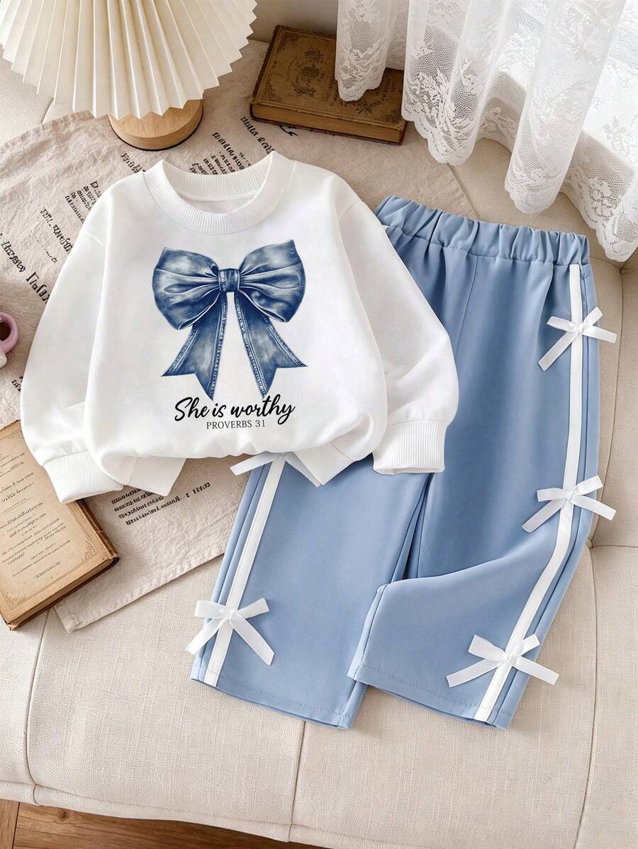 Baby Girl Ribbon Bow Decor Round Neck Long Sleeve Top And Long Pants - White - View 1