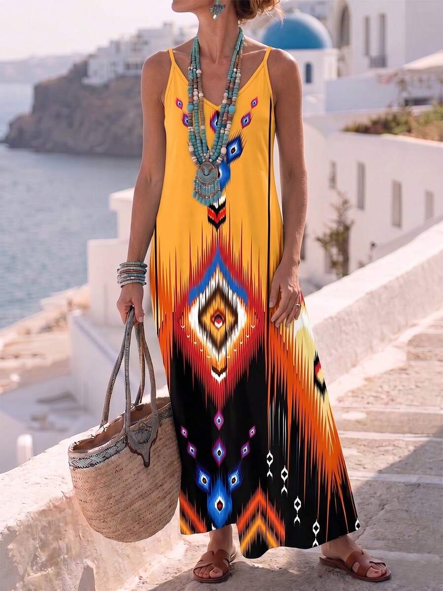 Jisfaneya Off-Shoulder, Print-All-Over, Pocketless, Boho-Chic, Versatile Holiday Dress Summer - Yellow - View 1
