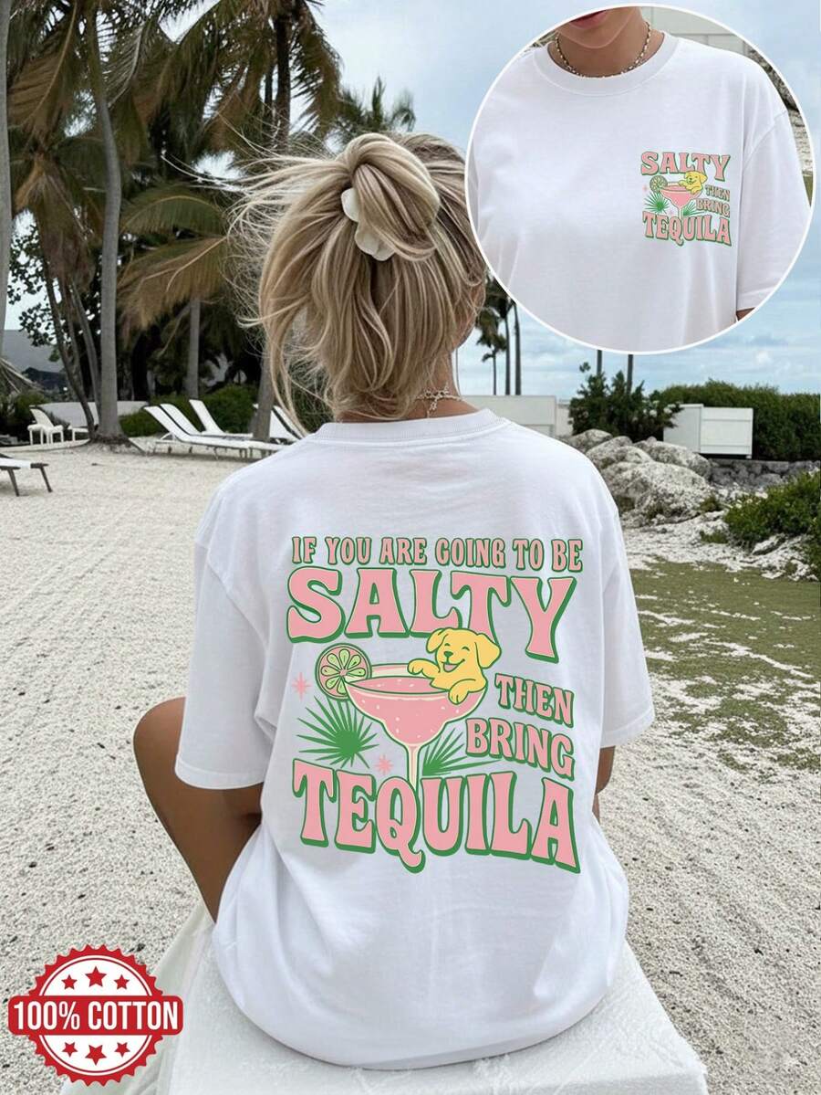 Minimalist. 100% Cotton. 1paPlus Size - [Front And Back Double-Sided Print] Plus Size Women's Spring/Summer Clothing, Oversized T-Shirt, Vintage Margarita And Dog "If You Are" Print, Fashionable Short-Sleeved Casual Tops For Women Sizes XL-5XL. Spring/Summer Tops - 白色 - 查看 1