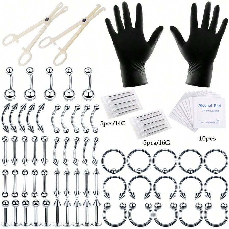 84pcs Mixed Stainless Steel Nose Rings, Nose Studs, Eyebrow Rings, Cartilage Earrings, Lip Rings, Navel Rings And Other Piercing Accessories - Piercing Kit - View 1