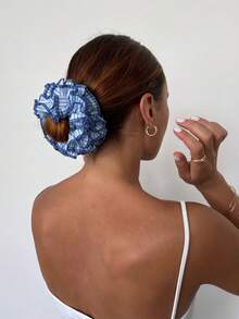 1 buah Ikat Rambut Besar Berumbai Garis Biru & Putih, Ikat Rambut Elastis Anti Selip Ukuran Besar, Aksesori Rambut Wanita Gaya Preppy Kasual Musim Panas Pantai Sehari-hari - Biru - View 7
