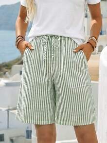 Faunlyn Pantalones cortos tipo bermudas a rayas con bolsillos laterales, de corte amplio y cintura media, estilo básico - Verde - Ver 1