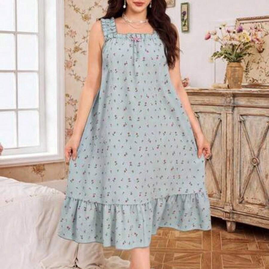 dahkjdgajy CottageSlumber Camisón maxi sin mangas con volantes y estampado floral pequeño para tallas grandes, vestido de casa con esplendor floral abundante en verde, vestido de estar por casa con estampado floral para mujeres - Azul - Ver 1