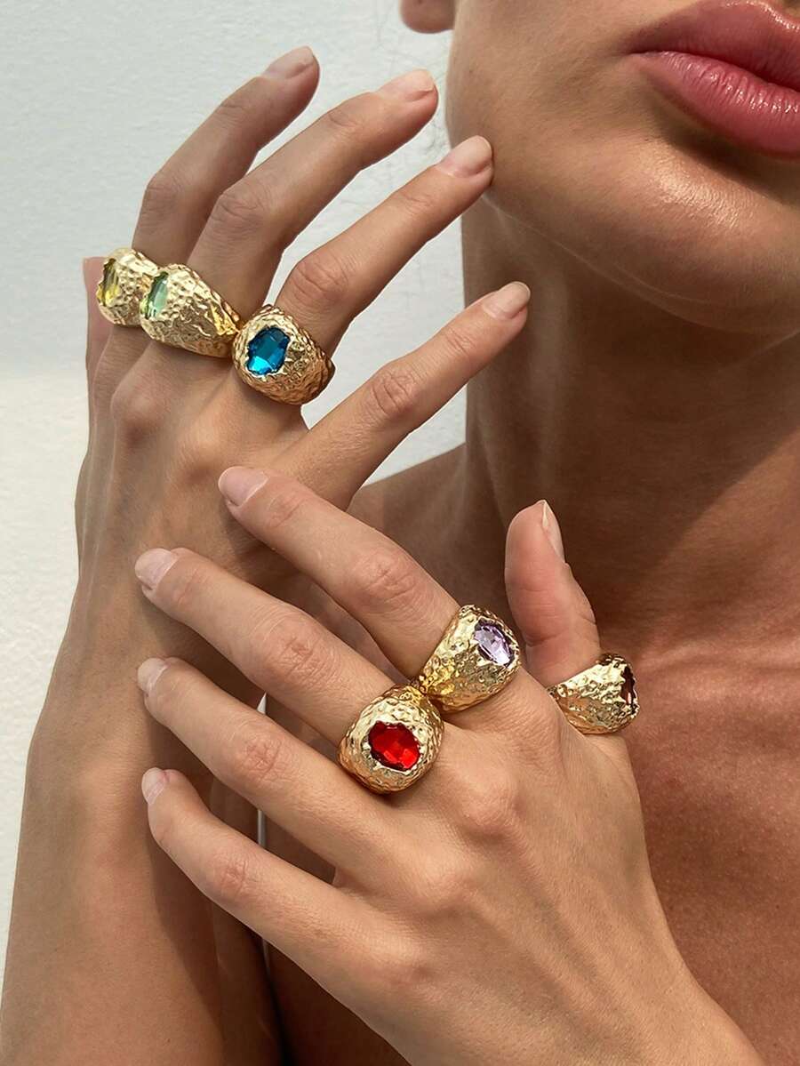 1件時尚個性化幾何水鑽寶石液態合金女款戒指 - 幾何 - 查看 1