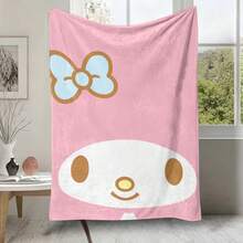 三麗鷗 My Melody 法蘭絨披毯，柔軟舒適的絨毛毛毯，簡約 My Melody 與淺藍色蝴蝶結設計，適用於沙發、床鋪、客廳、臥室、辦公室、旅行，四季皆宜 - 顏色 1 - 查看 6