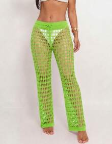 Knitted Beach Cover-Up Pants With Elastic Tie-Up Fishnet - Lime Green - View 1