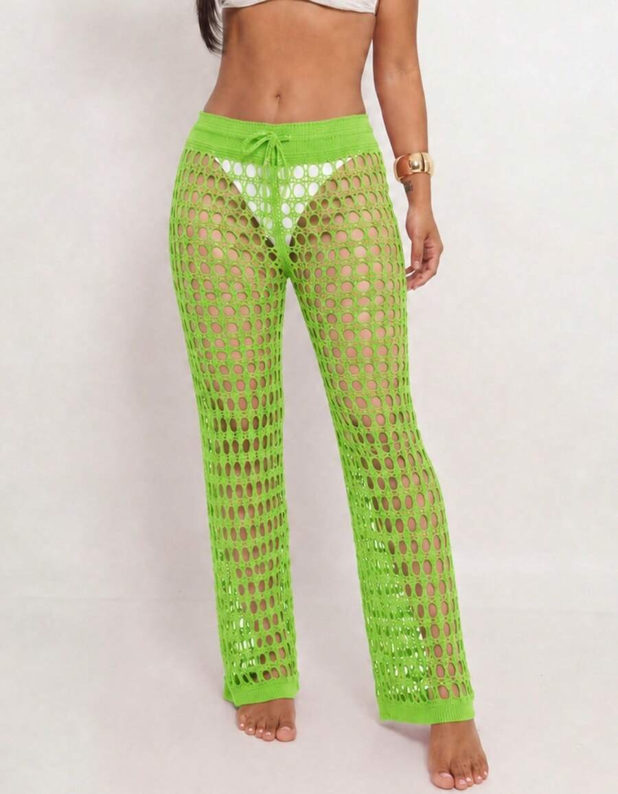 Knitted Beach Cover-Up Pants With Elastic Tie-Up Fishnet - Lime Green - View 1