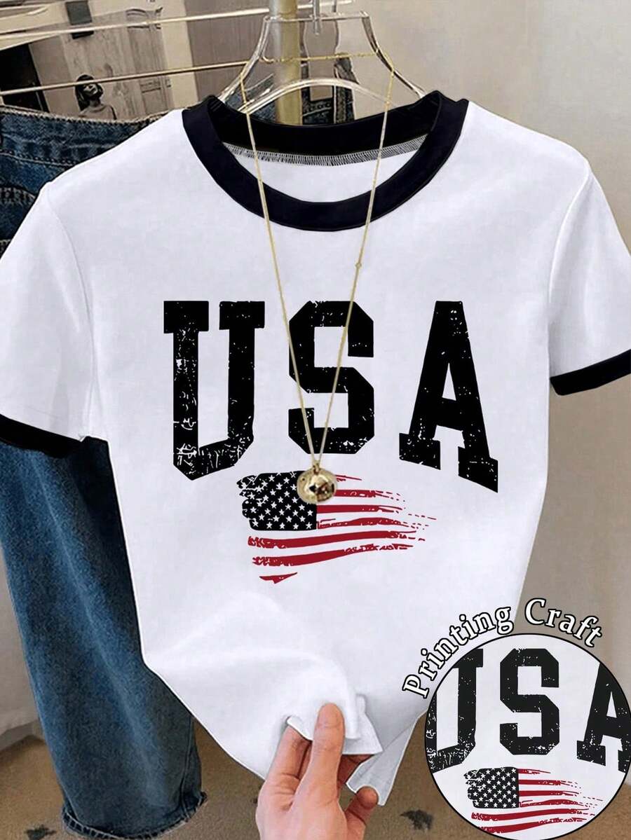 Camiseta de mujer de manga corta con cuello redondo, estampado de bandera americana y letras en bloques de color - Multicolor 5 - Ver 1