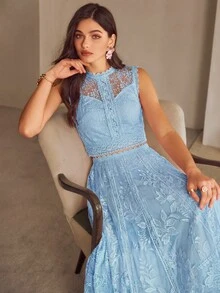 Simplee Women's Autumn New Elegant Lace Top And Skirt Set, Stand Collar Lace Patchwork Design, Suitable For Wedding Guest, Garden Party, Birthday Party, Date Wear - Blue - View 1
