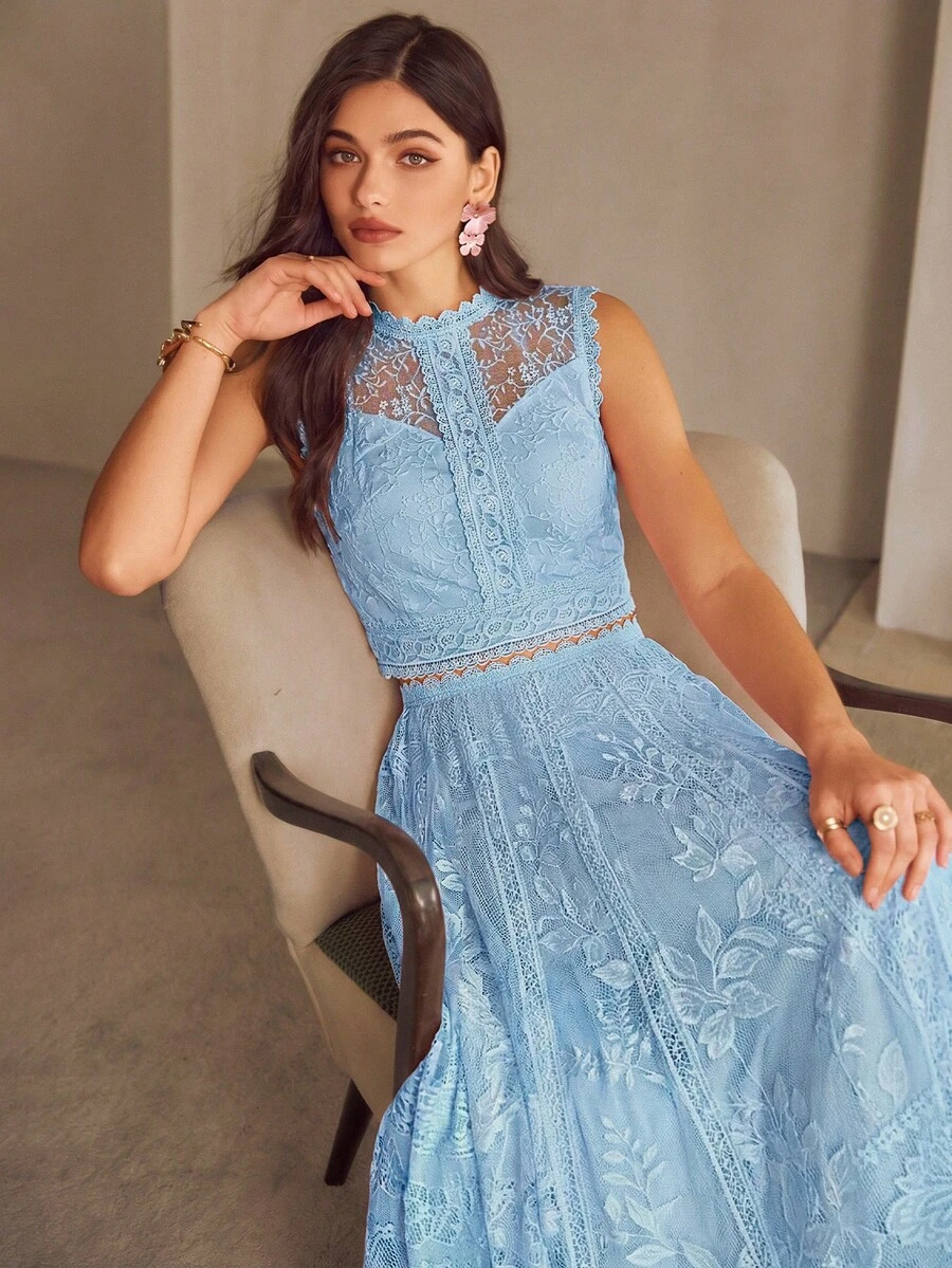 Simplee Women's Autumn New Elegant Lace Top And Skirt Set, Stand Collar Lace Patchwork Design, Suitable For Wedding Guest, Garden Party, Birthday Party, Date Wear - Blue - View 1