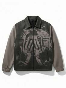 Men's Spring/Autumn Casual Everyday Character Print Suede Lapel Jacket - Grey - View 2