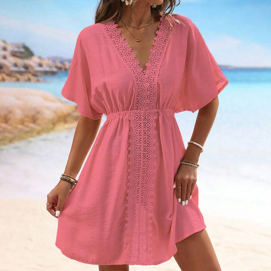 Faux Silk Beach Dress With Lace And Ruffles; Top To Pair With A Bikini - 軍綠色 - 查看 1