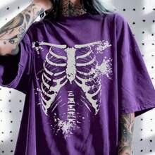 2026 Summer Collection,ICON Women's Plus Size Autumn/Winter Warm Retro Distressed Sexy Fashion Avant-Garde Bold Street Style Millennial Y2K Dark Gothic Punk Skull Rose Pattern Loose T-Shirt Gothic Summer Clothes Gothic Clothing For Women,Sizes 3–7XL, Free Shipping,  Within 24 Hours - Màu tím 1 - Xem 16