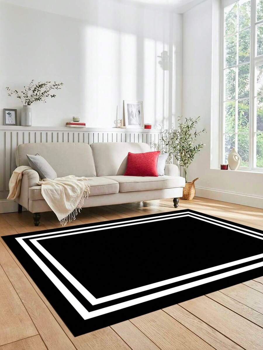 Alfombra de pasillo y alfombra de área antideslizante lavable con impresión digital para sala de estar, diseño moderno | Estilos moderno, escandinavo, bohemio y clásico | 100% poliéster - Blanco y Negro - Ver 1