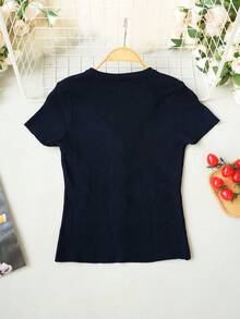 Lace Patchwork V-Neck Metal Button Short Sleeve Cardigan, Sexy & Elegant Knit Top, Spring/Summer - Navy Blue - View 5