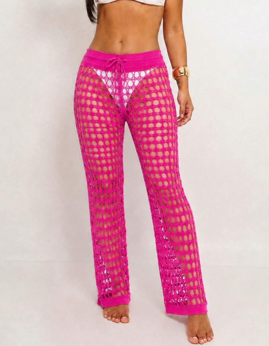 Knitted Beach Cover-Up Pants With Elastic Tie-Up Fishnet - Hot Pink - View 1