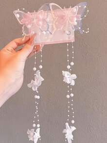 2件組兒童藍色蝴蝶髮夾套組，薄紗珍珠花朵髮夾，適合女孩日常仙女風髮飾 - 彩色 - 查看 3