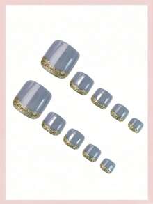 24 peças unhas postiças curtas quadradas de cobertura total, estilo vintage, brilhantes, azul francês com glitter dourado, para mulheres e raparigas, uso diário, outono e inverno - Multicolorido - Ver 3