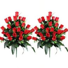 24-Pack Memorial Rose Bouquet, Artificial Rose Memorial Flowers, Red Plastic Flowers With Green Leaves, Weather-Resistant, Suitable For Outdoor Cemetery Decoration, Durable Plastic Artificial Flower Combination, Suitable For All Seasons And Festivals, Ideal For Funerals, Cemetery Decorations, And Memorial Day Decorations. - Red - View 9