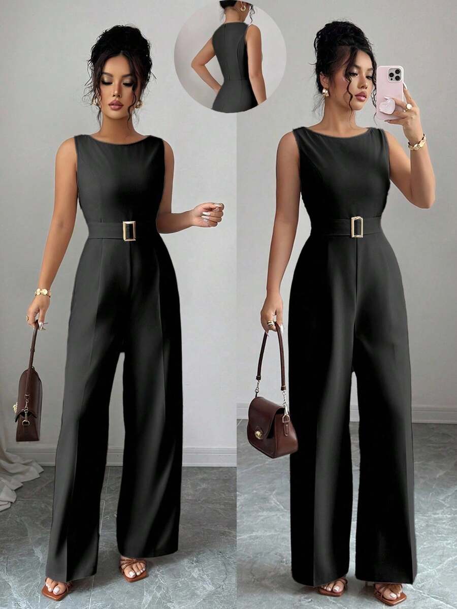 Mono de mujer de pierna ancha y recta con detalle de hebilla metálica, cinturón de cintura alta, hombros descubiertos y tela suave en estilo romántico francés - Negro - Ver 1