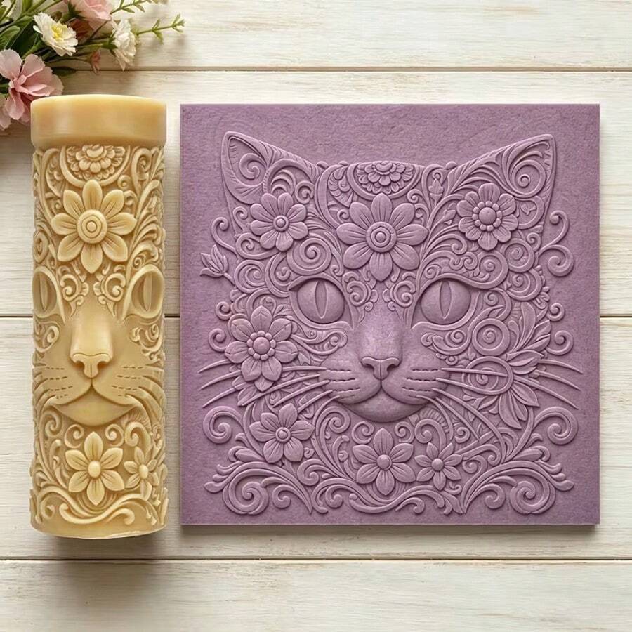 1pc Flower Cat Head Texture Roller - Plastic Clay Embossing Tool, Suitable For Soft Ceramics, Coasters, And DIY Jewelry Making, Featuring High Detail Feline Animal Patterns, Suitable For Crafts And Handmade Seals, It Is A Gift For Cat Enthusiasts - Apricot - View 1