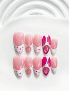 10入甜美波點風手工穿戴式美甲貼片組，Polygel 凝膠美甲，線條波點美甲裝飾，玫瑰粉與白色指甲油，鮮豔法式風格，附美甲工具(1張果凍貼+1個美甲挫)，3種尺寸可選，方形甲、短方形甲、杏仁甲，適合聚會、日常、派對、拍照、玩樂、春夏通勤美甲用品 - 彩色 - 查看 3