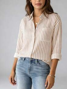 Women's Oversized Striped Long-Sleeve Comfortable Shirt - 卡其-1 - 查看 5