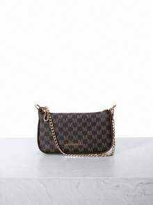 CHICVUE 1pc Women's PU Leather Letter M Decor Chain Shoulder/Crossbody Bag, Stylish Underarm Bag/French Baguette Bag, Cute & For Commuting & Shopping - Coffee Brown - View 1