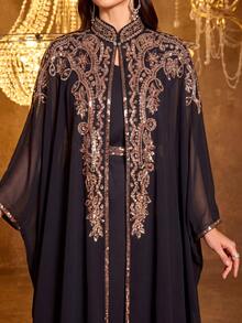 Women's Fashion Party & Banquet Long Sleeve Applique Waist Belt Sequin Patchwork Evening Dress Black - Black - View 4