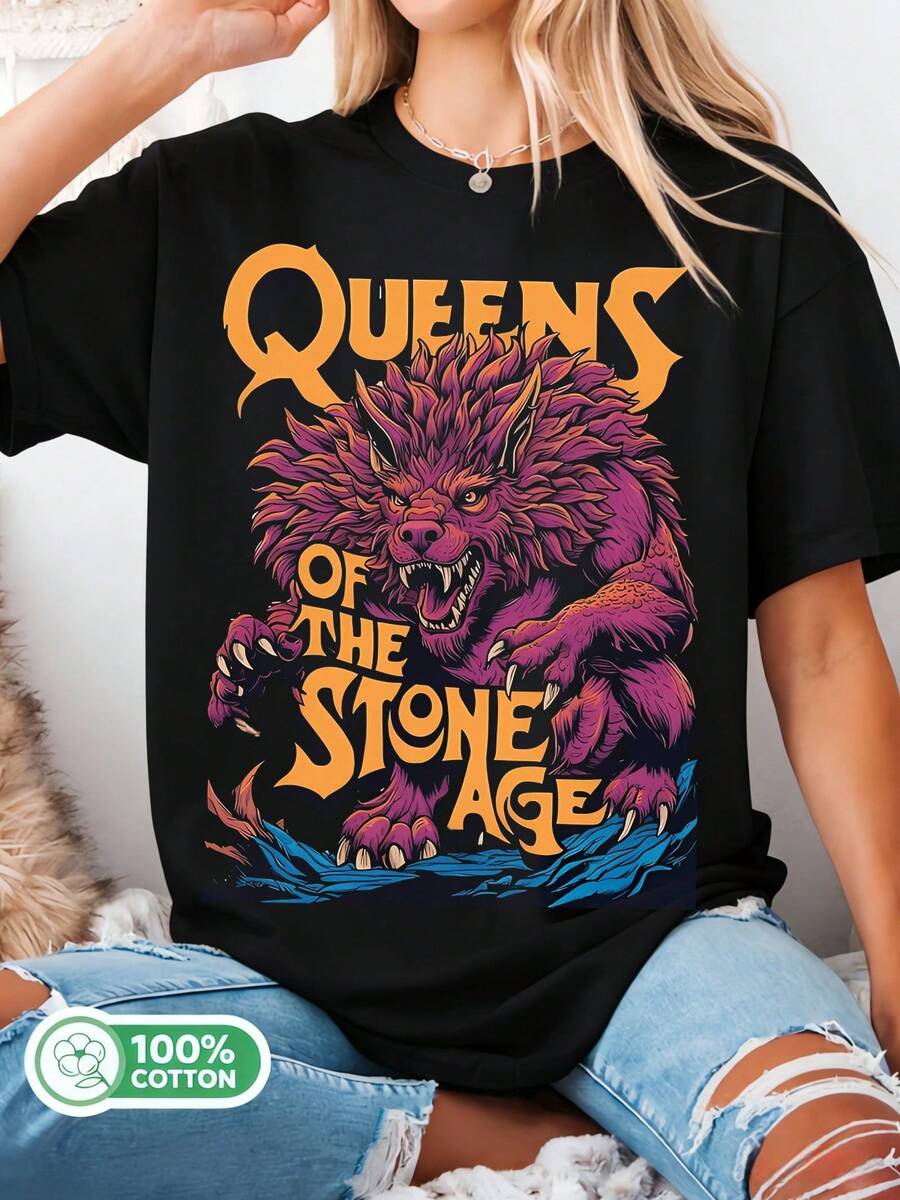 Queens Of The Stone Age Unisex Rock Style Fantasy Beast Graphic Cotton T-Shirt. - Black - View 1