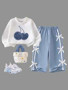 Baby Girl Ribbon Bow Decorated Round Neck Long Sleeve Top And Long Pants - White - View 2