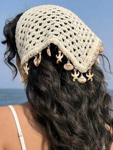 1pc Women's French Elegant Bohemian Style White Shiny Rhinestone Knit Hollow Out Versatile Sequin Starfish Shell Pendant Headband Hair Scarf, Suitable For Daily Wear, Party, Gathering, Summer Beach Vacation Decoration - Multicolor - View 13