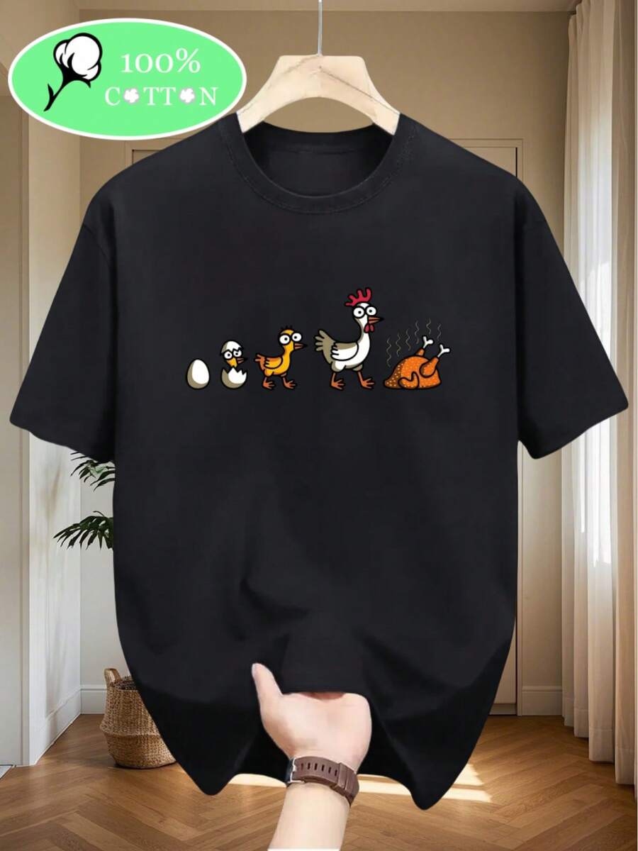 Camisa de algodão 100% para homem, gola redonda, manga curta, padrão estampado de árvore de Natal, estilo casual e confortável, item popular - Preto - Ver 1