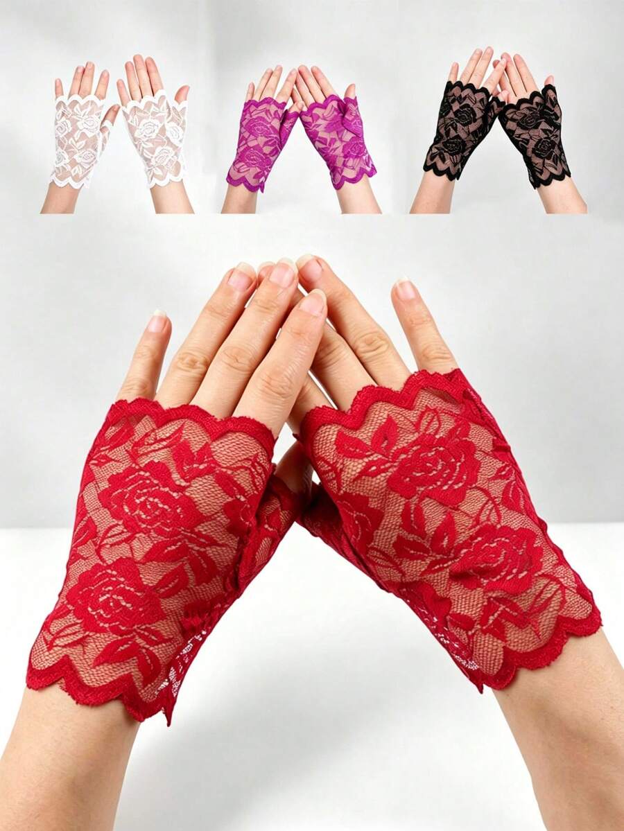 1 Pair Multi-Color Rose Lace Fingerless Short Gloves, Elegant Thin Breathable Gloves For Wedding, Photography, Etiquette - Multicolor - View 1