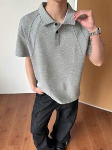 1 chiếc áo polo nam, áo polo tay raglan màu xám nhạt với thiết kế đường may tương phản, chất liệu dệt kim ôm sát thân, thân thiện với da, thoải mái, cắt 3D, phong cách casual Hàn Quốc nhẹ nhàng công sở, mặc hàng ngày đi làm mùa hè, casual giao tiếp - Màu Xám nhạt - Xem 11