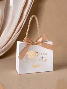 5/1pc Graduation Gift Bags With Gold Ribbon, White Paper Graduation Celebration Bags Printed With Mortarboard And Diploma Pattern, Luxury Graduation Party Gift Bags Suitable For High School And College Graduation Gifts, Party Supplies And Table Decor - Multicolor - View 5