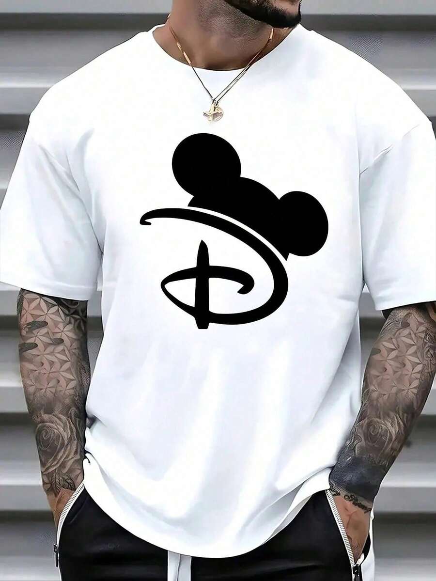 Officially Licensed By Disney With Mickey Mouse Logo Silhouette Printed Graphics. 100% Cotton Loose Casual Tee, Soft, Breathable And Comfortable Fabric. Unisex Crew Neck Short Sleeve T-Shirt. - 白色 - 查看 1
