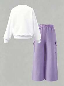 Young Girl Round Neck Heart Print Long Sleeve Sweatshirt And Long Pants Casual Daily Set - Purple - View 3